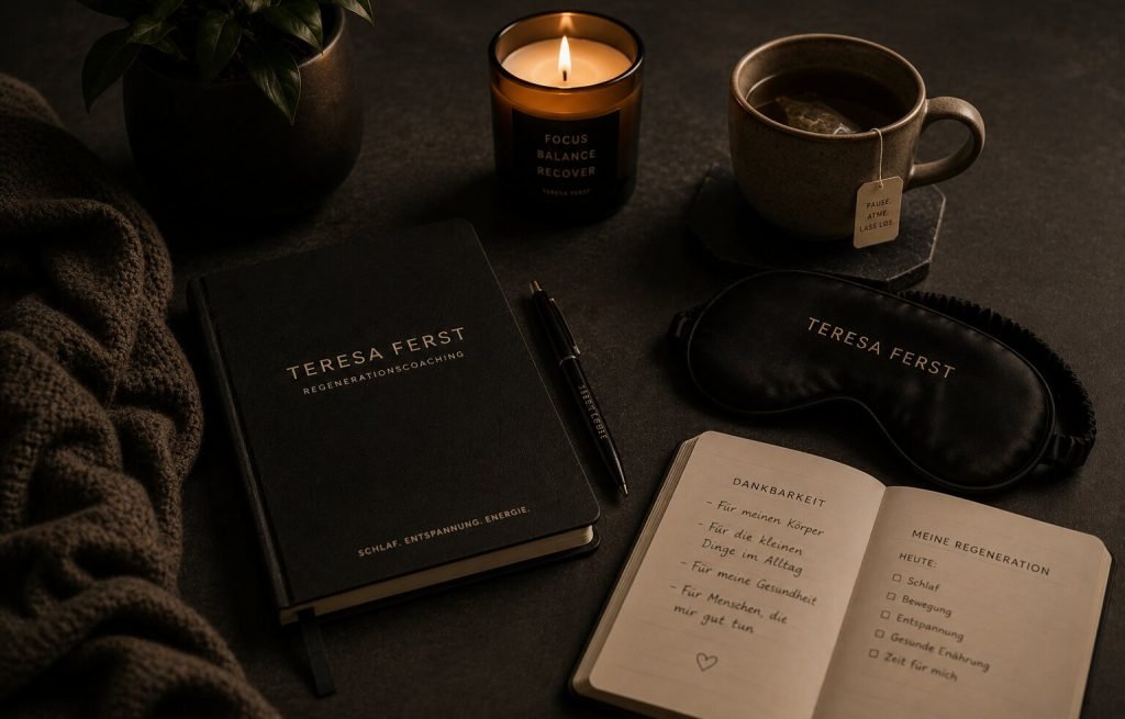 Journalbuch, Kerze, Tee und Handtuch